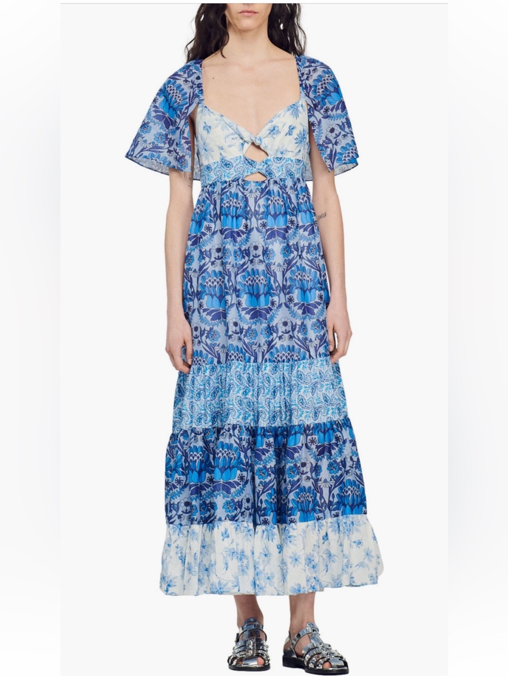 Sandro Short Sleeve Tiered Linen Blend Maxi Dress